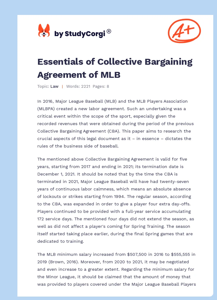 Essentials of Collective Bargaining Agreement of MLB. Page 1