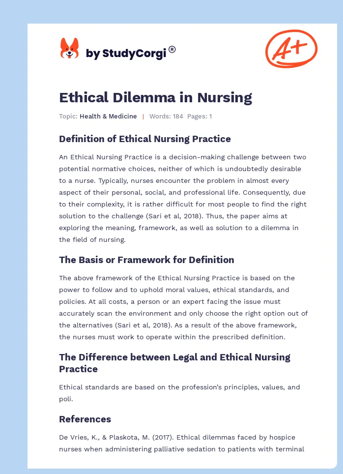 ethical dilemma in nursing essay example