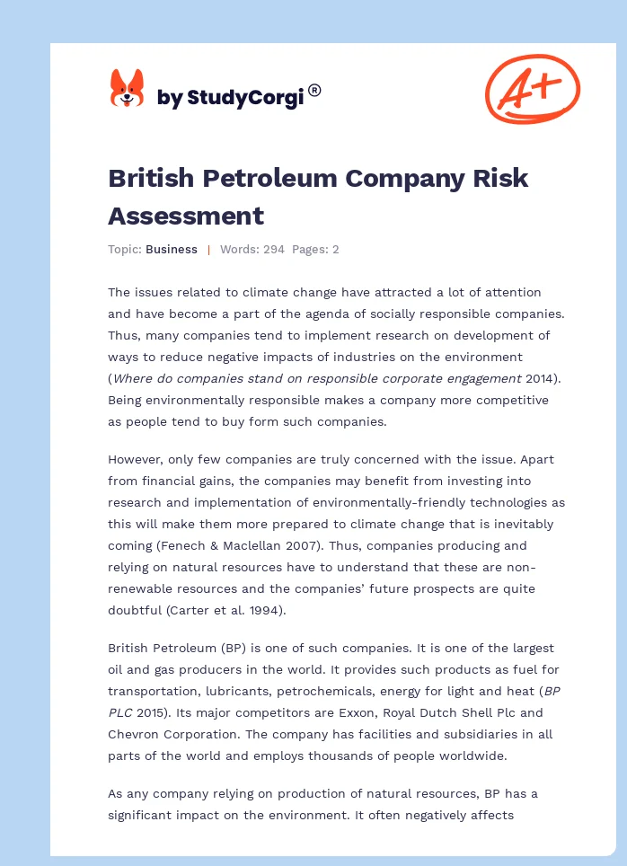 British Petroleum Company Risk Assessment. Page 1
