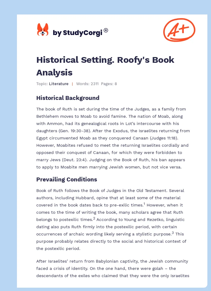 Historical Setting. Roofy's Book Analysis. Page 1