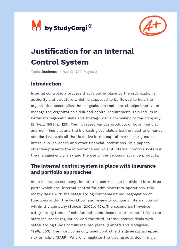 Justification for an Internal Control System. Page 1