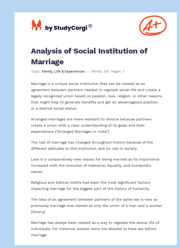 Analysis of Social Institution of Marriage. Page 1