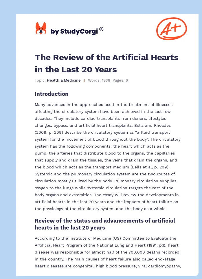 The Review of the Artificial Hearts in the Last 20 Years. Page 1
