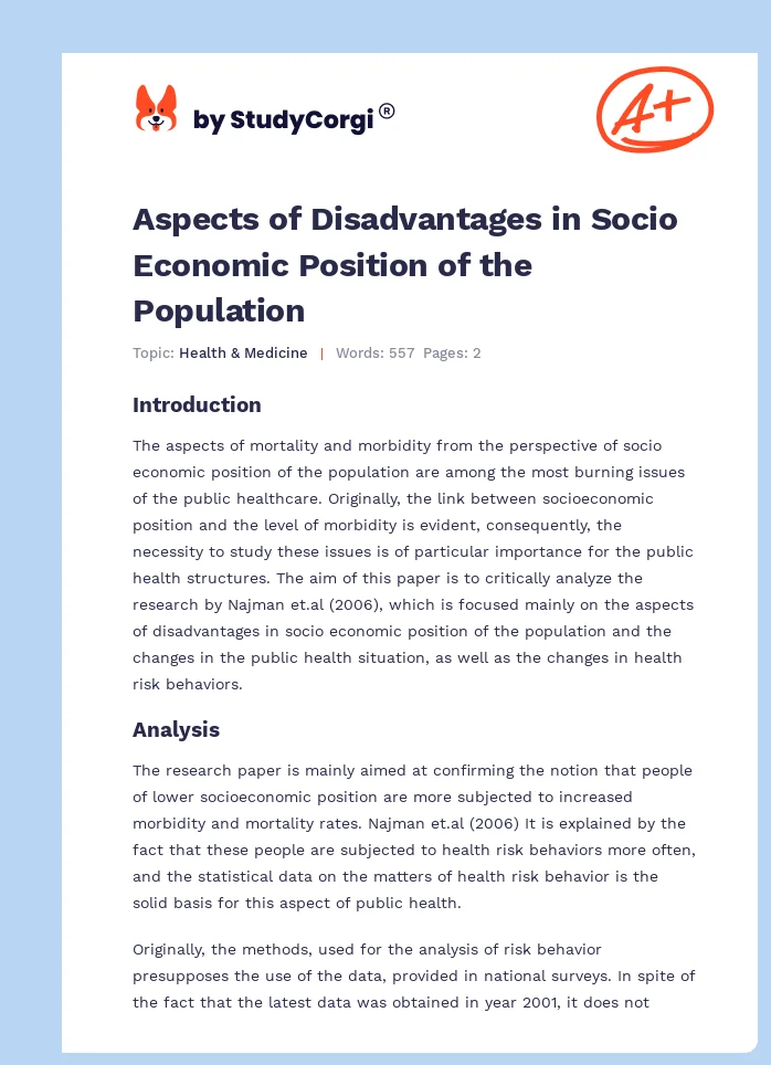 Aspects of Disadvantages in Socio Economic Position of the Population. Page 1