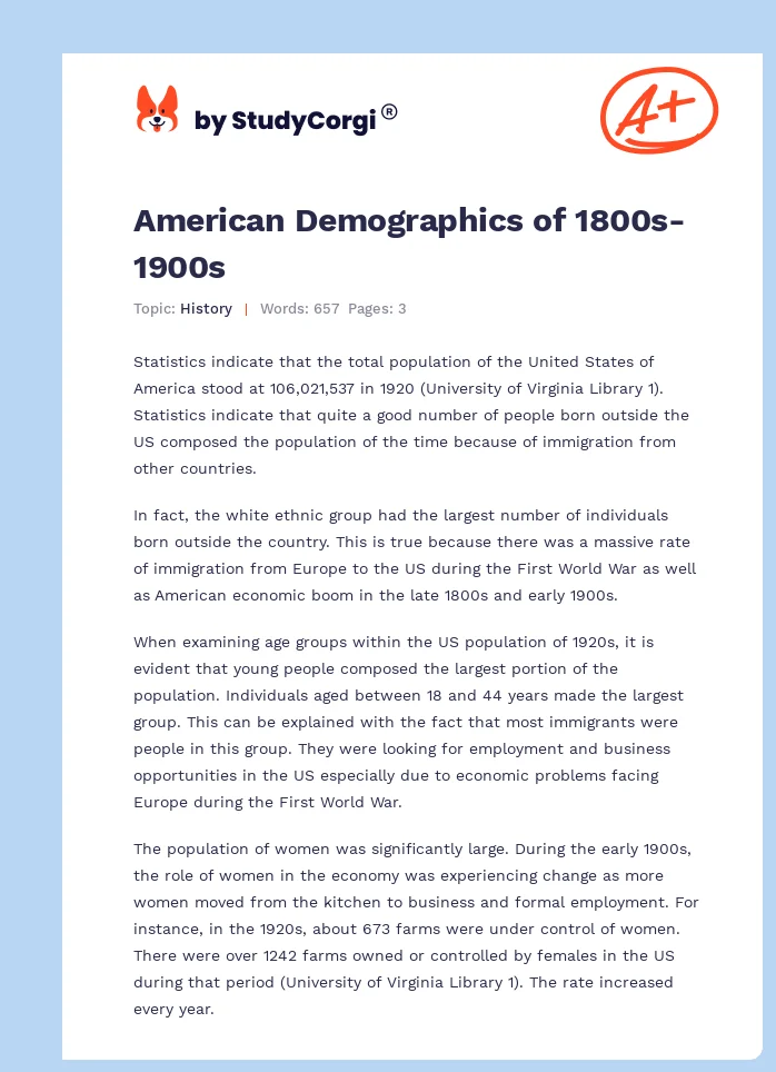 American Demographics of 1800s-1900s. Page 1