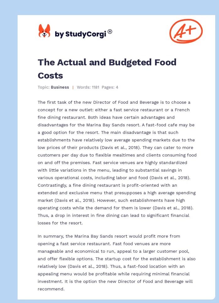 The Actual and Budgeted Food Costs. Page 1