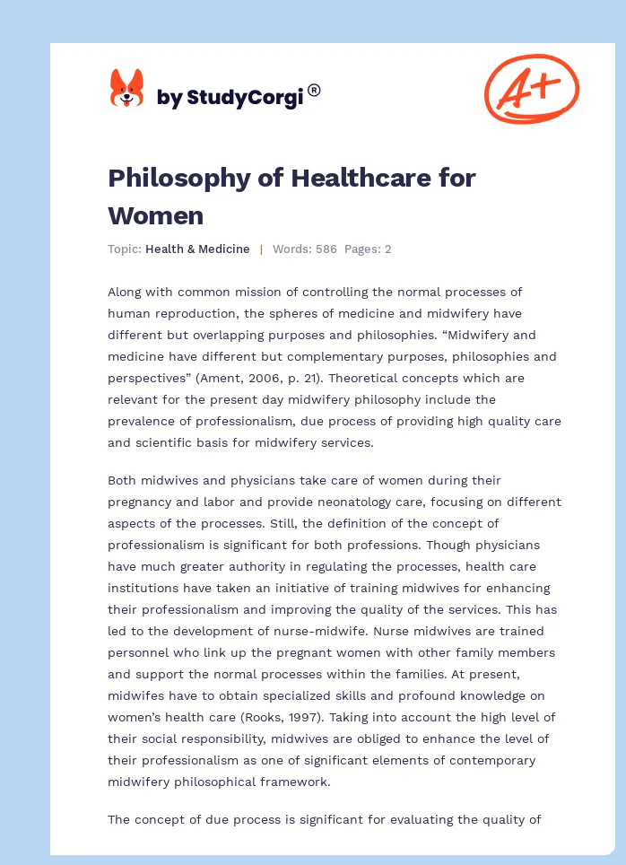 Philosophy of Healthcare for Women. Page 1