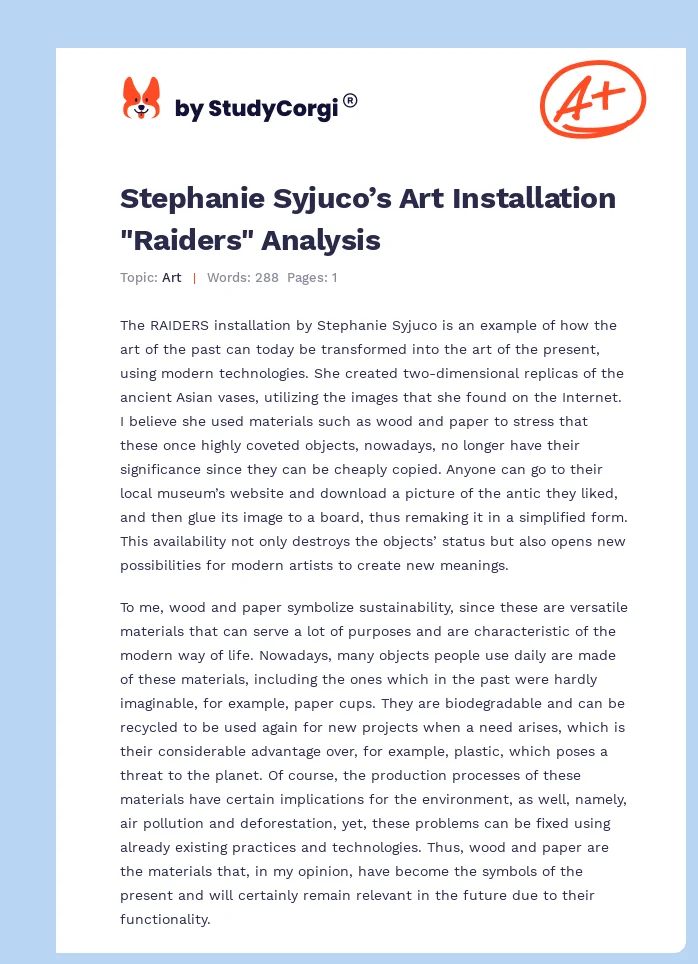 Stephanie Syjuco’s Art Installation "Raiders" Analysis. Page 1