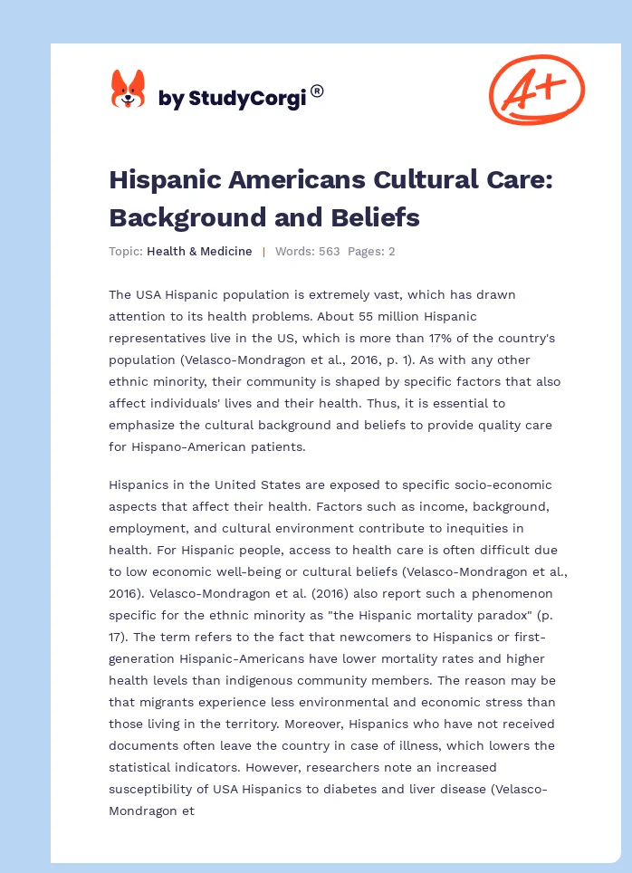 Hispanic Americans Cultural Care: Background and Beliefs. Page 1