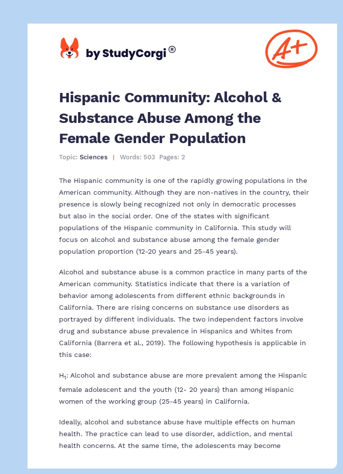 Hispanic Community: Alcohol & Substance Abuse Among the Female Gender Population. Page 1