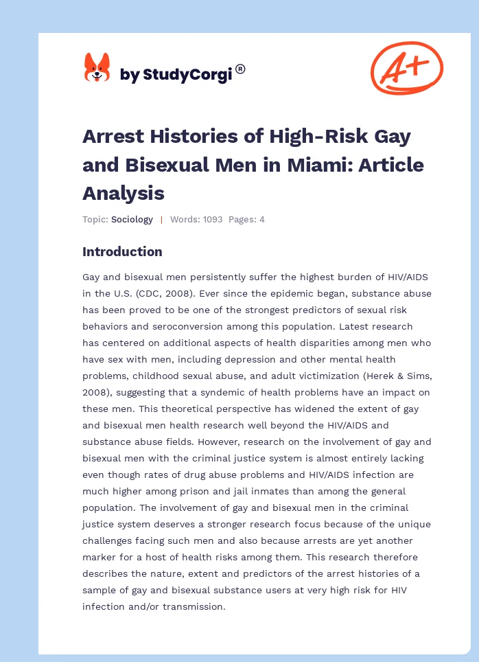 Arrest Histories of High-Risk Gay and Bisexual Men in Miami: Article Analysis. Page 1