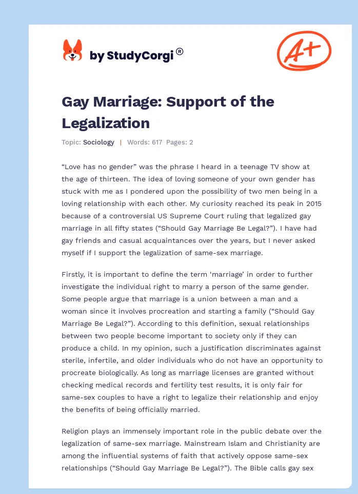 Gay Marriage: Support of the Legalization. Page 1