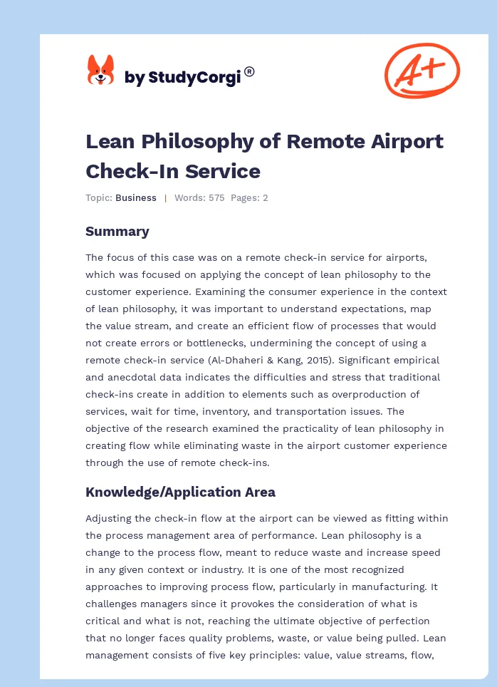 Lean Philosophy of Remote Airport Check-In Service. Page 1