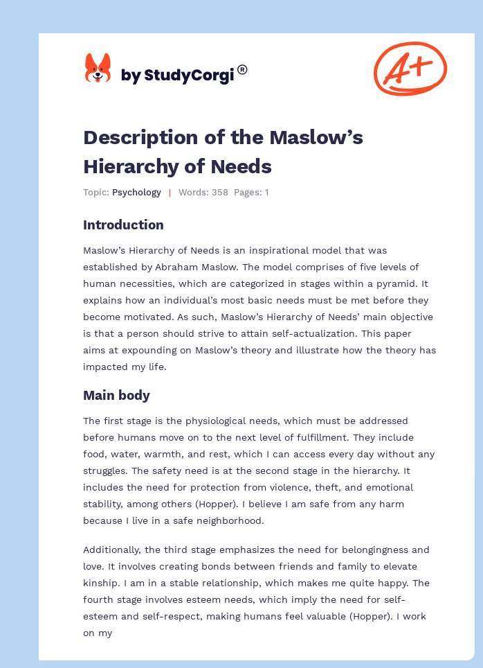 Description of the Maslow’s Hierarchy of Needs. Page 1