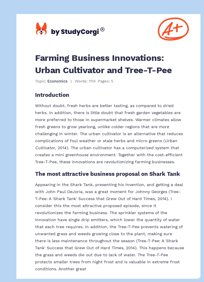 Farming Business Innovations: Urban Cultivator and Tree-T-Pee. Page 1