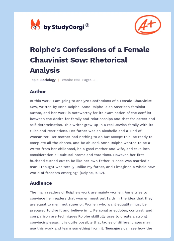 Roiphe's Confessions of a Female Chauvinist Sow: Rhetorical Analysis. Page 1