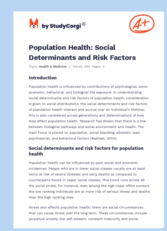 Population Health: Social Determinants and Risk Factors. Page 1