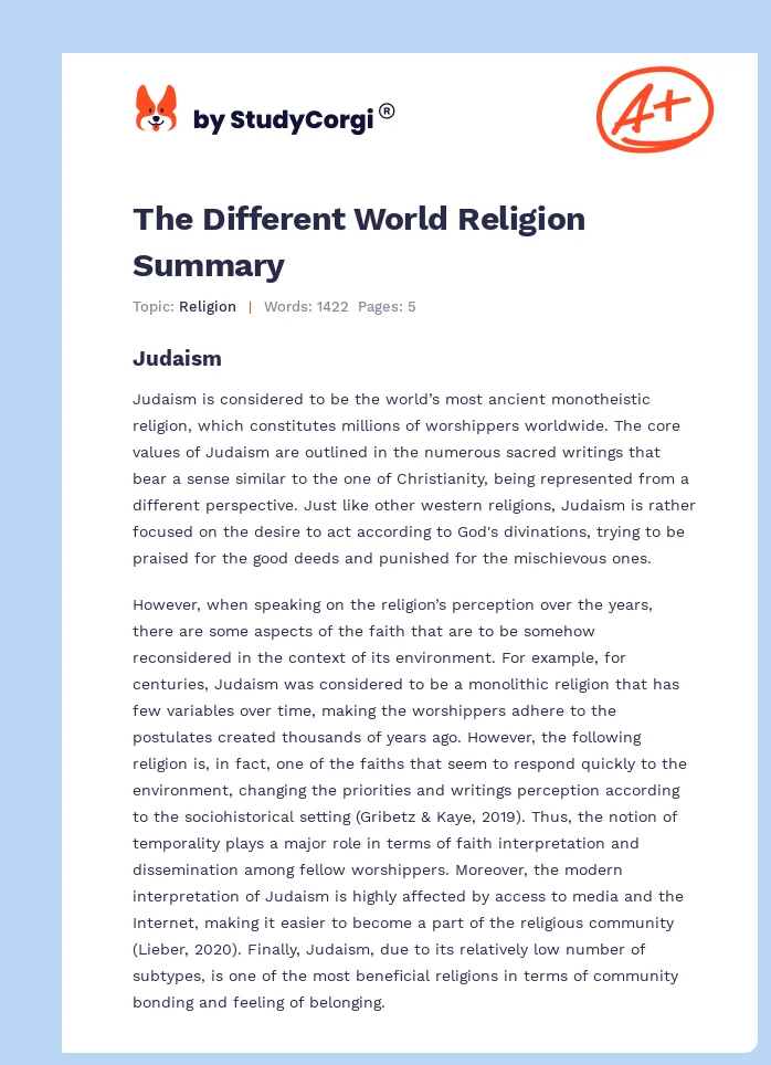 The Different World Religion Summary. Page 1