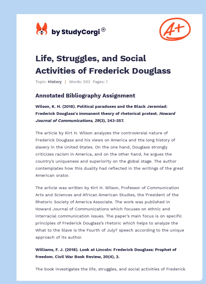 Life, Struggles, and Social Activities of Frederick Douglass. Page 1