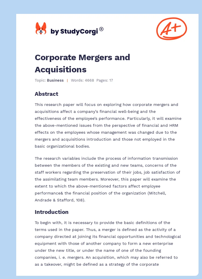 Corporate Mergers and Acquisitions. Page 1