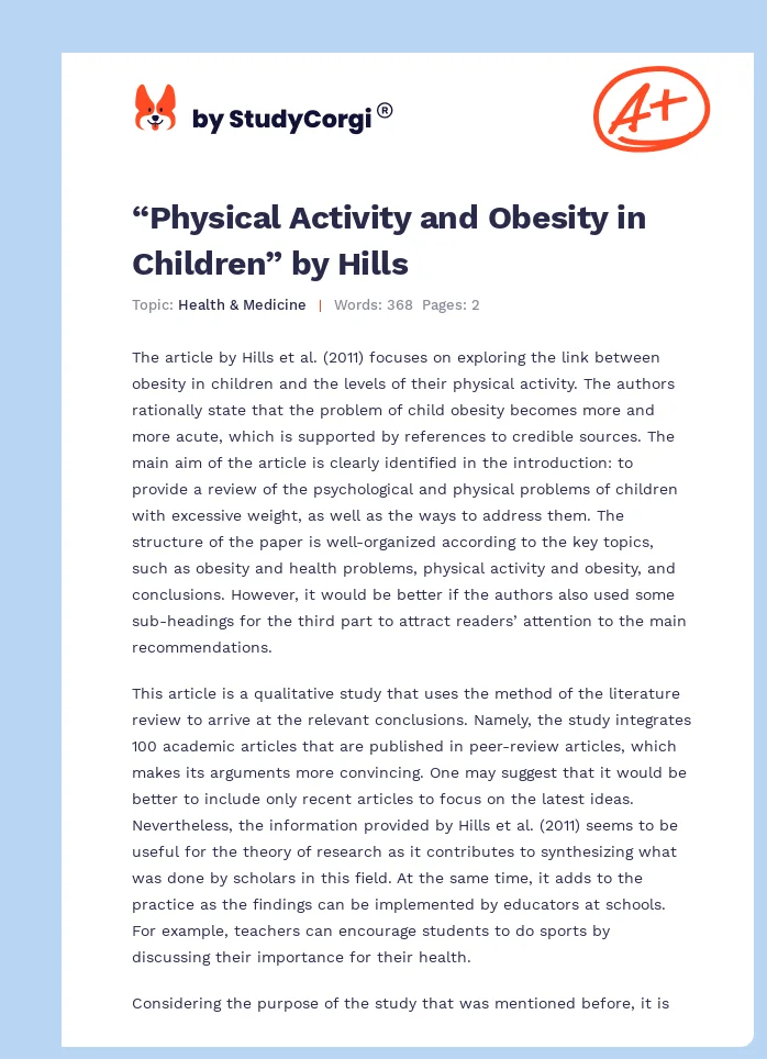 “Physical Activity and Obesity in Children” by Hills. Page 1