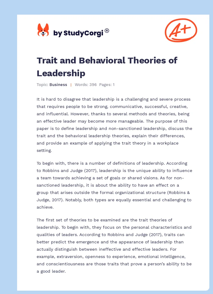 Trait and Behavioral Theories of Leadership. Page 1