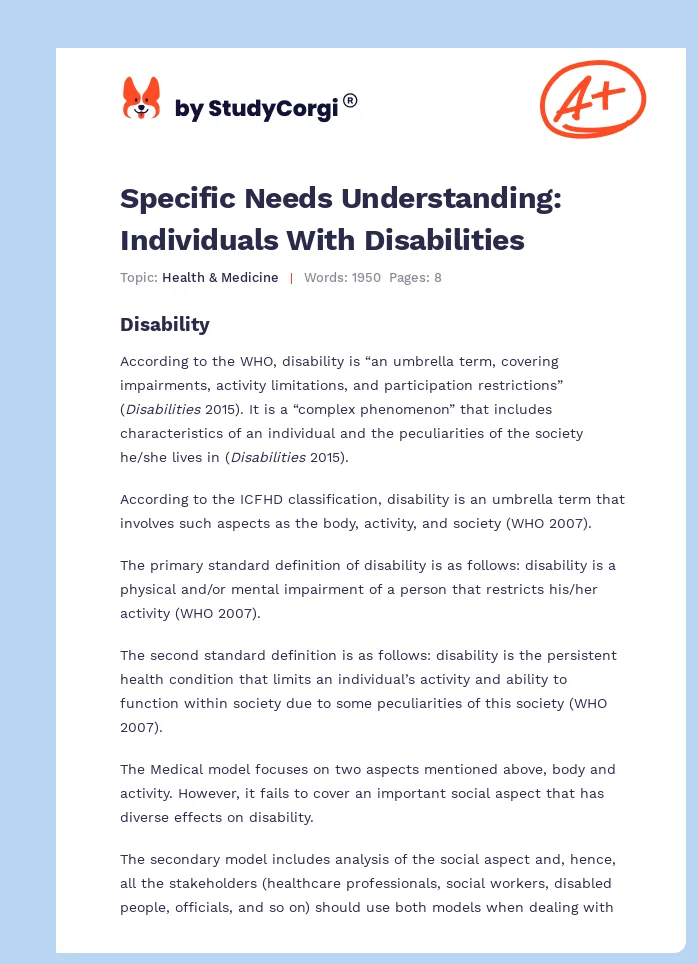 Specific Needs Understanding: Individuals With Disabilities. Page 1