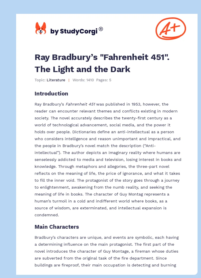 Ray Bradbury’s "Fahrenheit 451". The Light and the Dark. Page 1