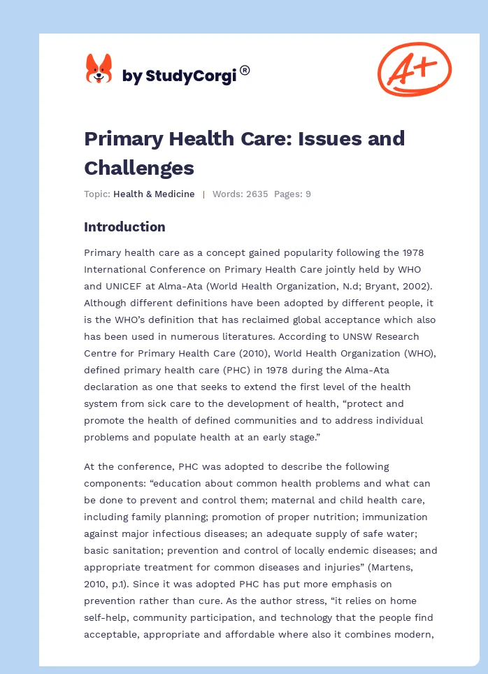 Primary Health Care: Issues and Challenges. Page 1