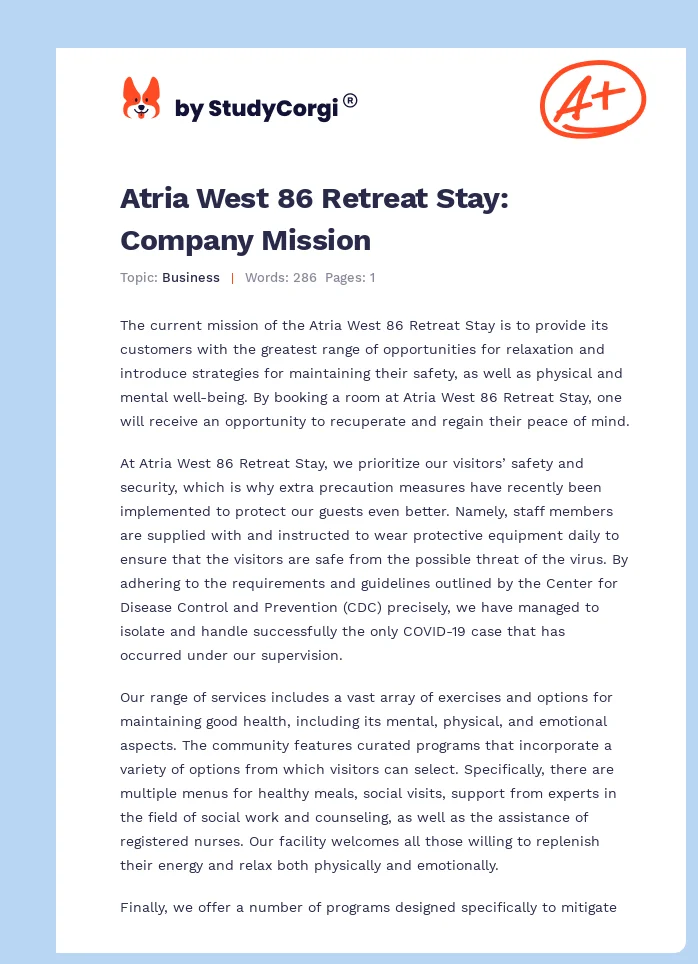 Atria West 86 Retreat Stay: Company Mission. Page 1