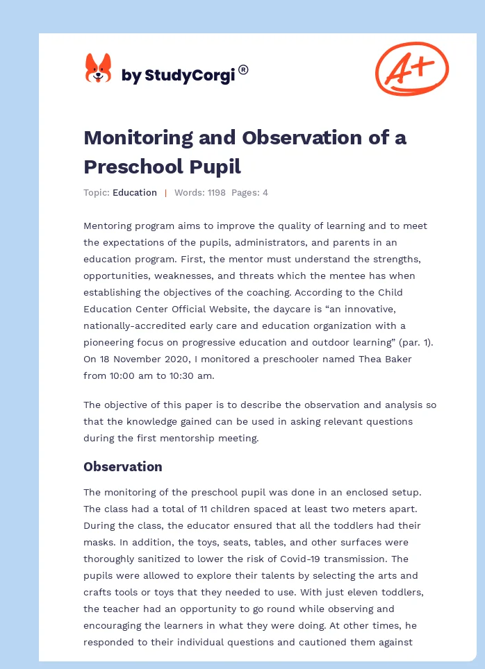 Monitoring and Observation of a Preschool Pupil. Page 1