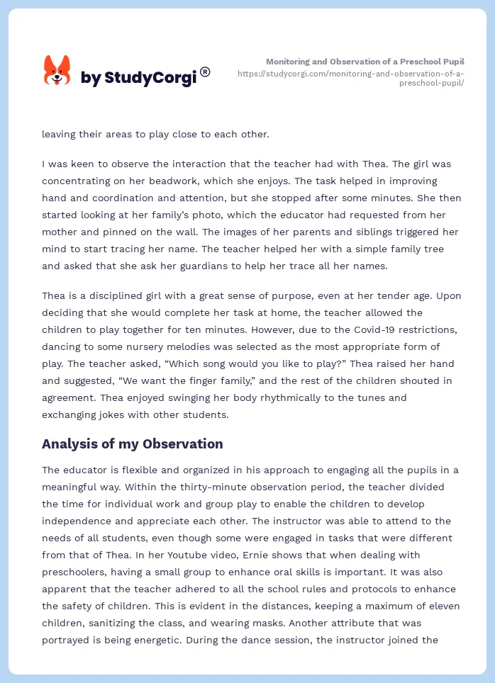 Monitoring and Observation of a Preschool Pupil. Page 2