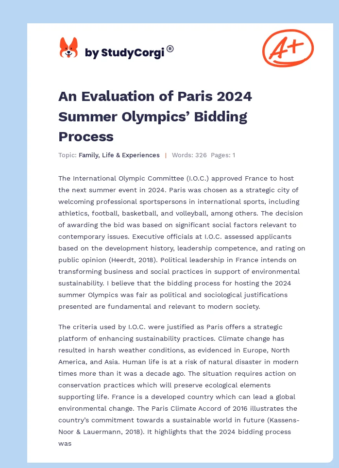 An Evaluation of Paris 2024 Summer Olympics' Bidding Process Free