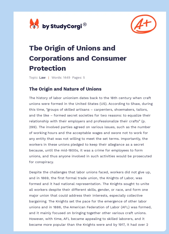 Tbe Origin of Unions and Corporations and Consumer Protection. Page 1