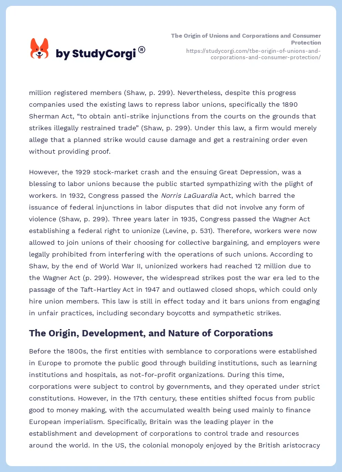 Tbe Origin of Unions and Corporations and Consumer Protection. Page 2