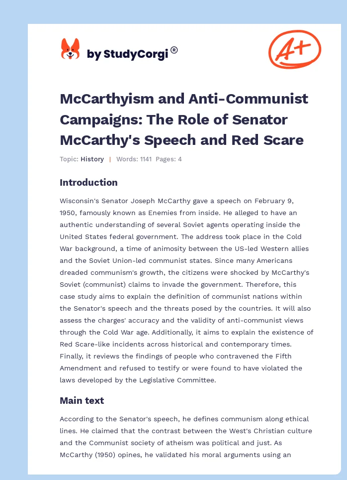 McCarthyism and Anti-Communist Campaigns: The Role of Senator McCarthy's Speech and Red Scare. Page 1