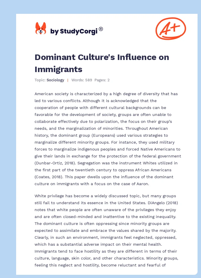 Dominant Culture's Influence on Immigrants. Page 1