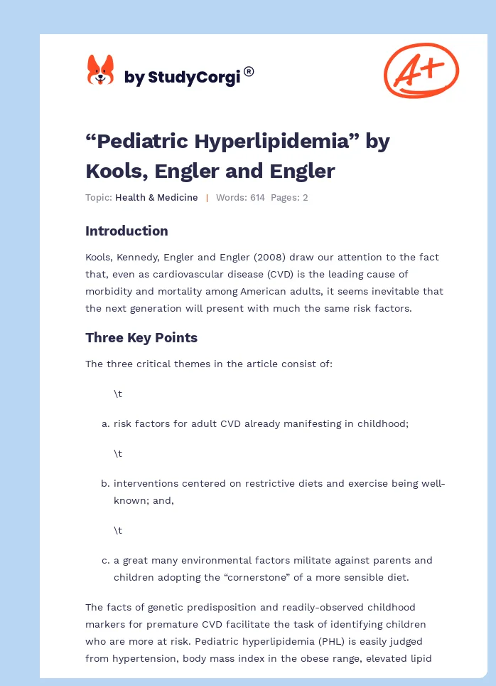 “Pediatric Hyperlipidemia” by Kools, Engler and Engler. Page 1