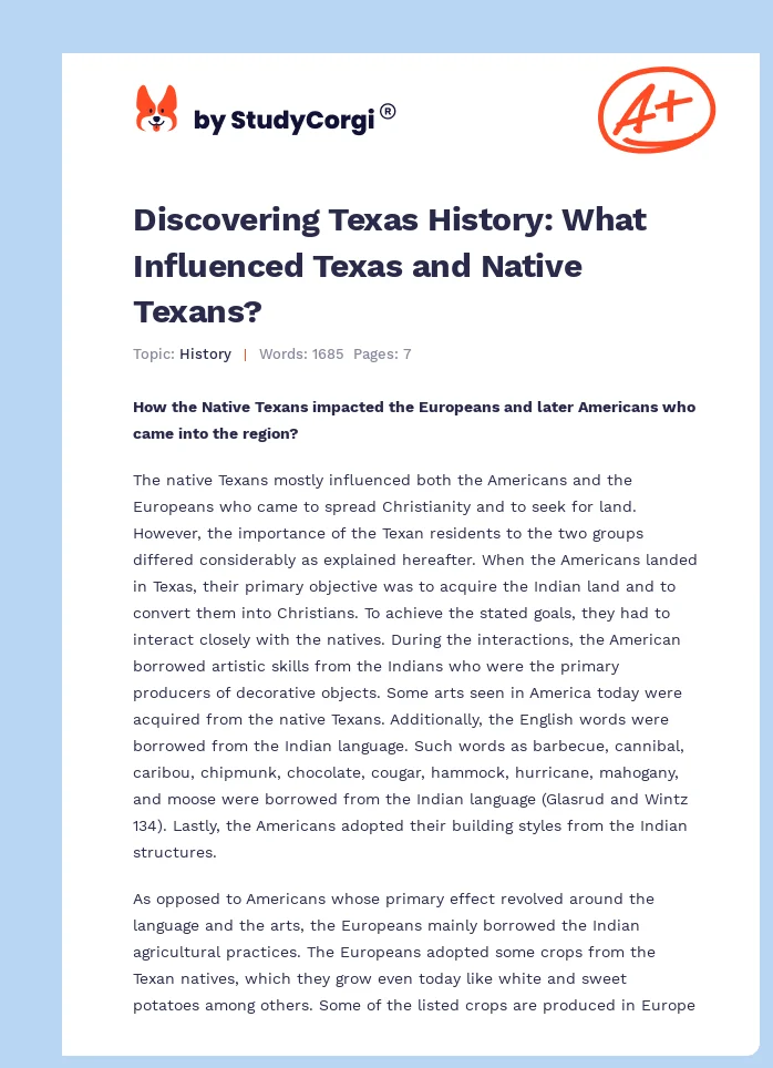 Discovering Texas History: What Influenced Texas and Native Texans?. Page 1