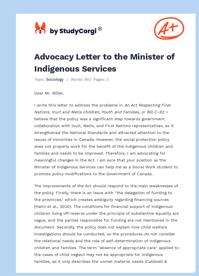 Advocacy Letter to the Minister of Indigenous Services. Page 1