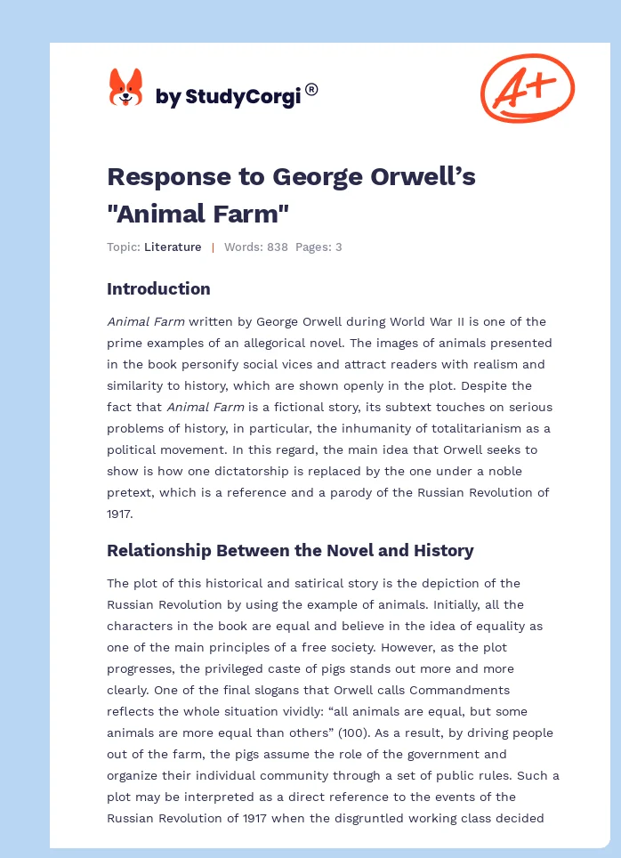 Response to George Orwell’s "Animal Farm". Page 1