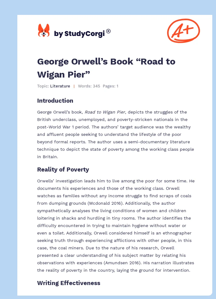 George Orwell’s Book “Road to Wigan Pier”. Page 1