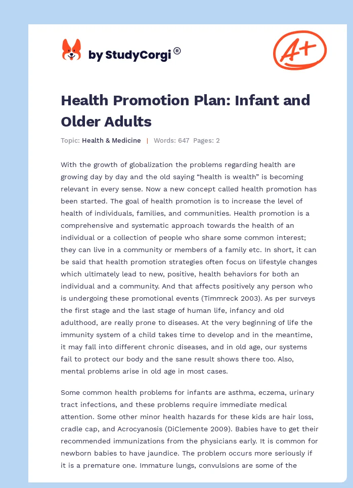 Health Promotion Plan: Infant and Older Adults. Page 1