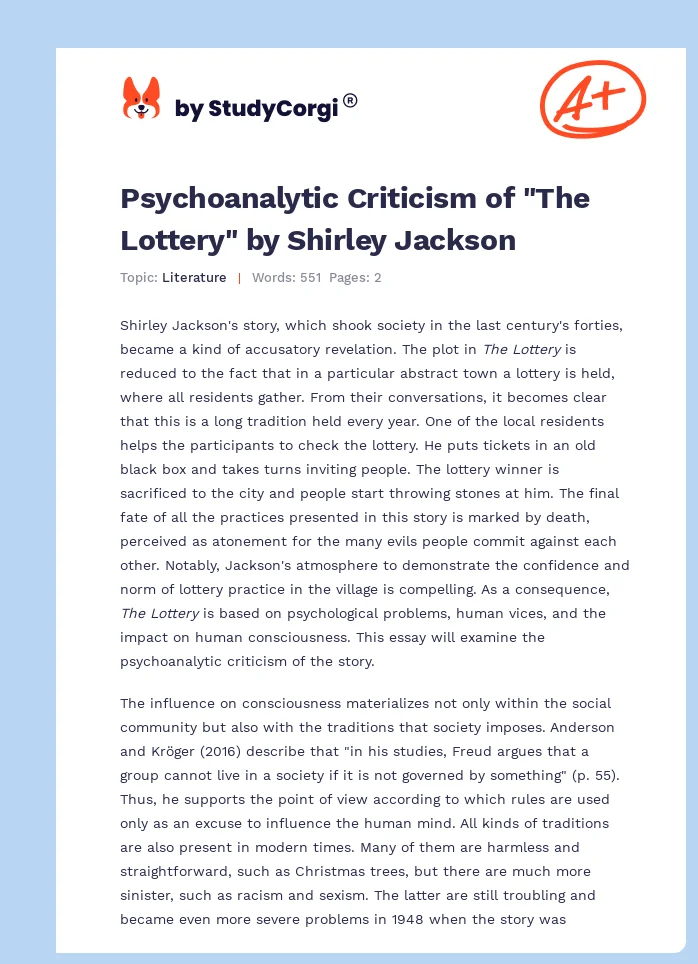 Psychoanalytic Criticism of "The Lottery" by Shirley Jackson. Page 1