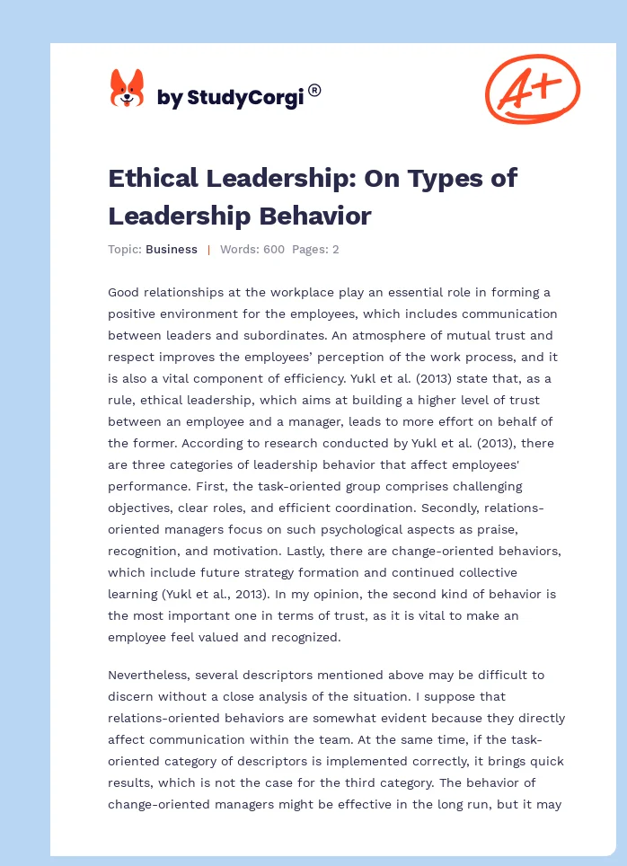 Ethical Leadership: On Types of Leadership Behavior. Page 1