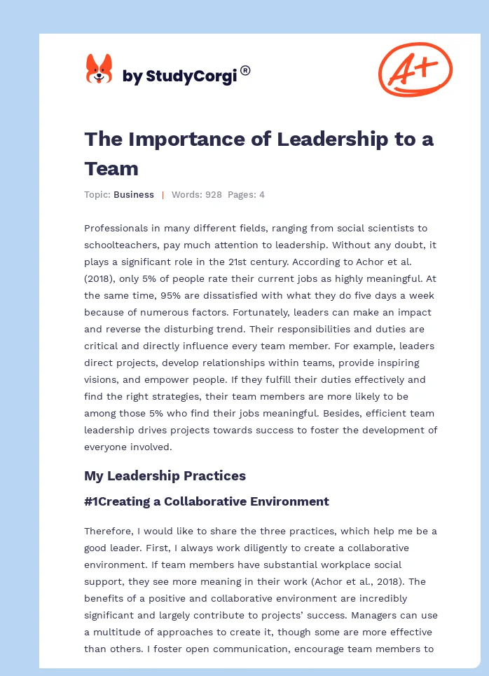 The Importance of Leadership to a Team. Page 1