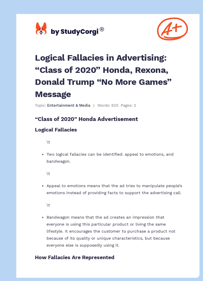 Logical Fallacies in Advertising: “Class of 2020” Honda, Rexona, Donald Trump “No More Games” Message. Page 1