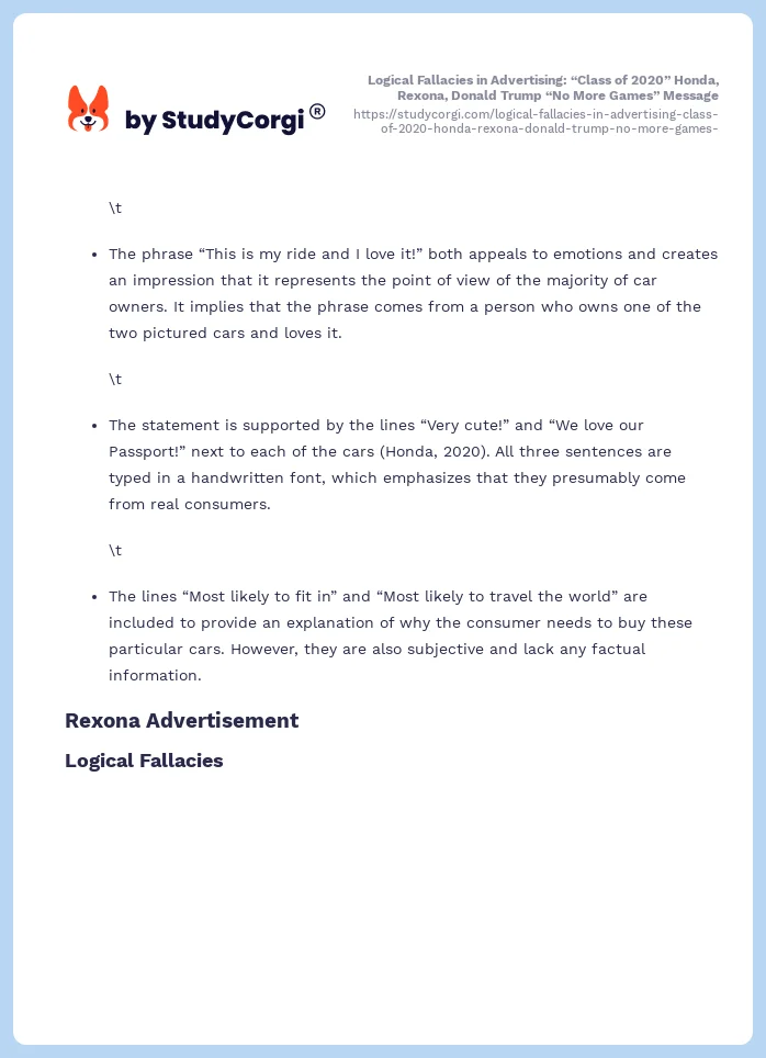 Logical Fallacies in Advertising: “Class of 2020” Honda, Rexona, Donald Trump “No More Games” Message. Page 2