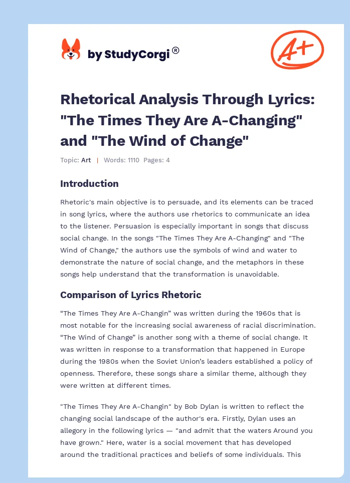 Rhetorical Analysis Through Lyrics: "The Times They Are A-Changing" and "The Wind of Change". Page 1