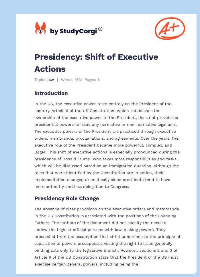 Presidency: Shift of Executive Actions. Page 1